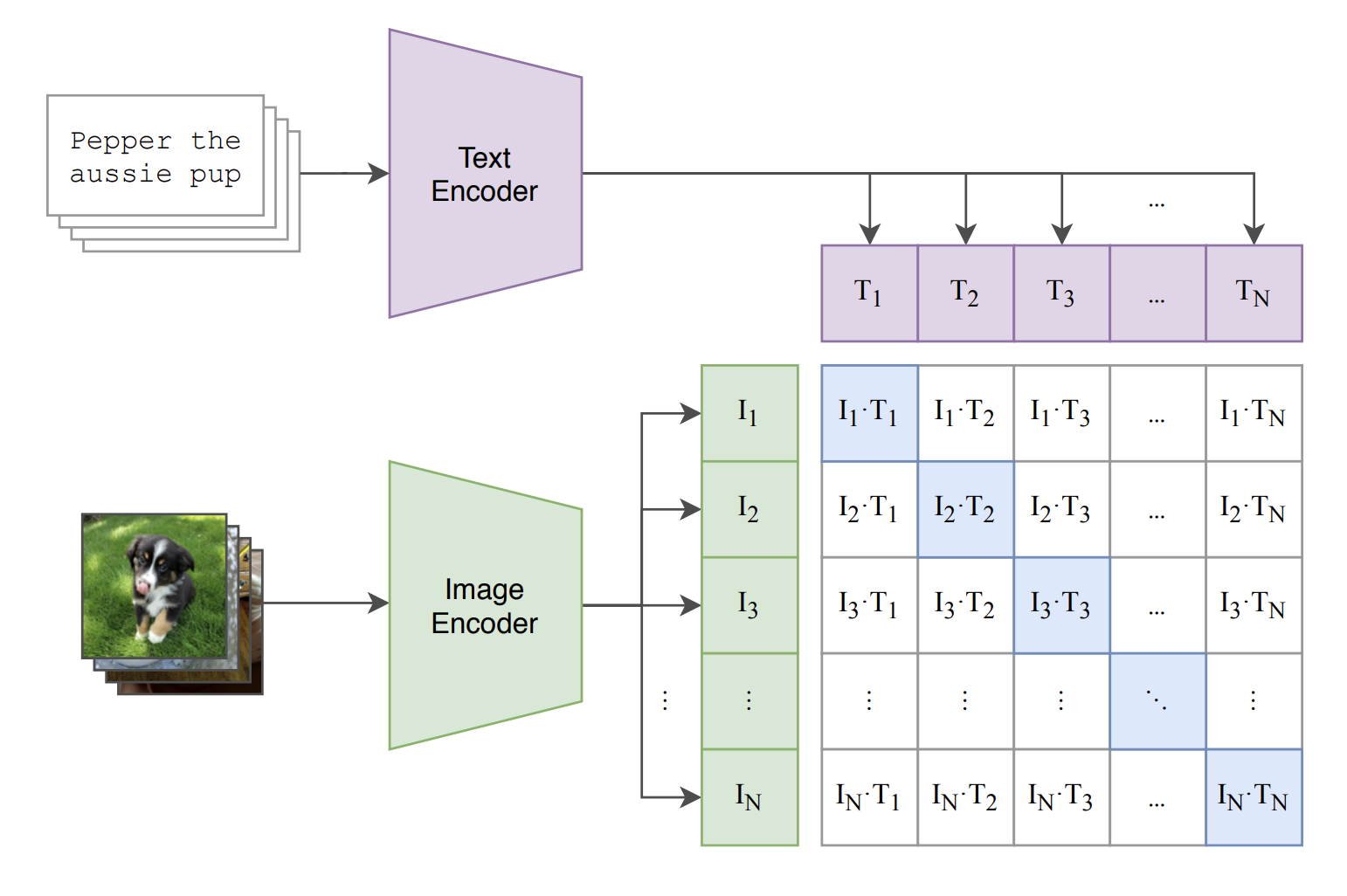 CLIP encodes images and text into a joint vector space to maximise the cosine similarity for image-text pairs that belong together and minimise the cosine similarity for pairs that don't 